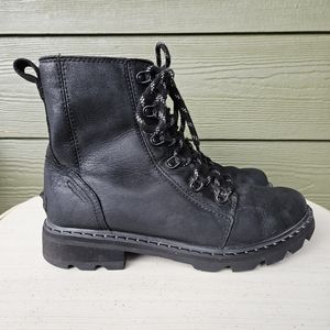Sorel Lennox Black Leather Lace Up Waterproof Moto Rain Boots Women's Size 8.5